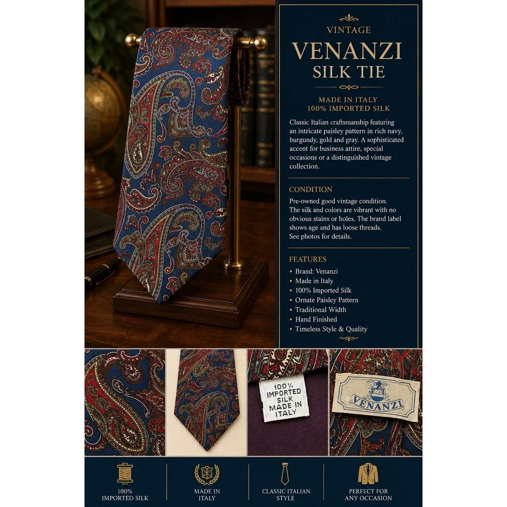 Vintage Venanzi Men's 100% Imported Silk Paisley Tie – Made in Italy